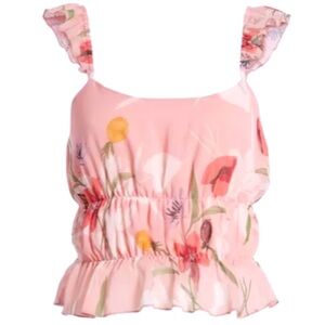 NWT LEITH Nordstrom Pink Floral Tank Top Blouse Ruffled Sleeves Ruched Cropped